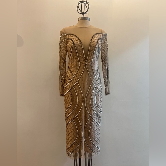 Aidan Mattox beaded illusion deep V-Neckline long sleeve midi dressy dress - Picture 8 of 11